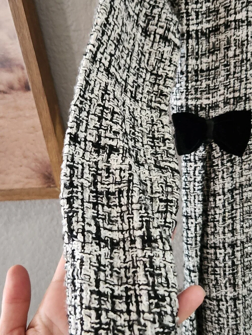 Girls Nannette Black & White Tweed Trench Coat with Velvet Collar